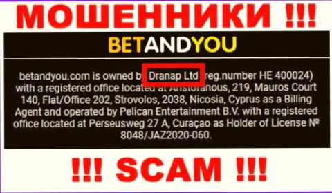 Шулера Betand You не скрыли свое юр лицо - это Dranap Ltd