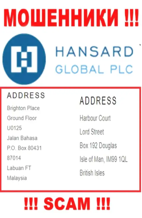 Добраться до компании Хансард Интернешнл Лтд, чтоб забрать обратно вложенные денежные средства нереально, они находятся в оффшоре: Harbour Court, Lord Street, Box 192, Douglas, Isle of Man IM99 1QL, British Isles