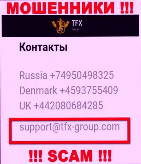 В разделе контактных данных, на веб-ресурсе мошенников TFX FINANCE GROUP LTD, найден представленный е-мейл