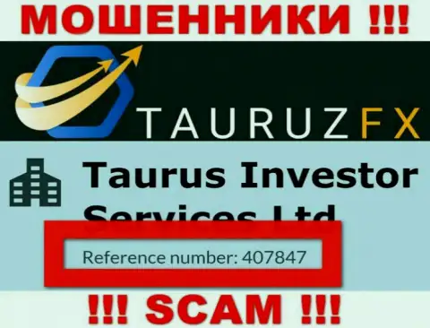 Номер регистрации, принадлежащий неправомерно действующей компании ТаурузФИкс Ком: 407847