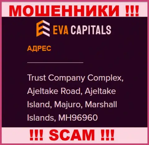 На web-сайте Eva Capitals расположен оффшорный официальный адрес конторы - Комплекс трастовой компании, Аджелтейк Роад, Аджелтейк Исланд, Маджуро, Маршалловы острова, MH96960, осторожнее - это ворюги