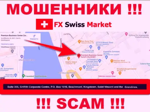 Контора FX SwissMarket указывает на ресурсе, что расположены они в оффшорной зоне, по адресу - Suite 305, Griffith Corporate Centre, P.O. Box 1510,Beachmont Kingstown, Saint Vincent and the Grenadines