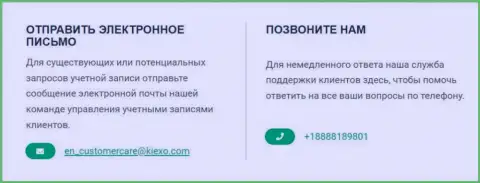 Телефон и адрес электронного ящика дилера Kiexo Com