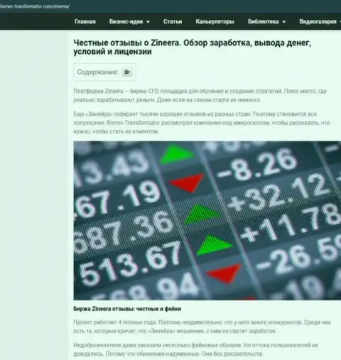 Обзор условий спекулирования биржевой организации Zineera, опубликованный на интернет-сервисе Biznes Transformator Com