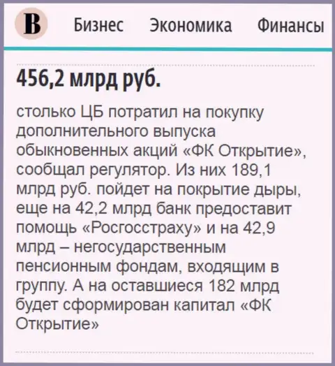 Как сказано в издании Ведомости, почти 500 млрд. рублей пошло на спасение от разорения ФГ Открытие