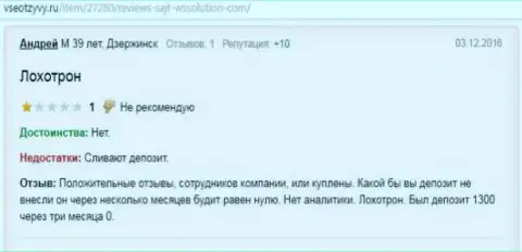 Андрей является автором данной статьи с высказыванием об forex компании WSSolution, сей комментарий перепечатан с веб-сервиса vse otzyvy ru