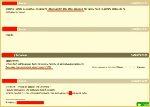 Диалог со службой технического обслуживания хостера, где находился интернет-сайт ffin.xyz относительно ситуации с нарушением в работе web-сервера