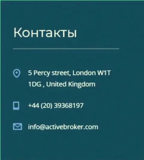 Адрес главного офиса ФОРЕКС брокерской компании Актив Брокер, опубликованный на сайте указанного ФОРЕКС дилингового центра